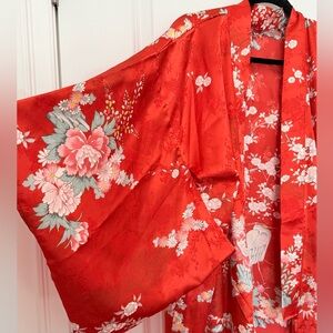 Vintage 70s Marukyo of Kyoto Red Egret Kimono Robe OS
